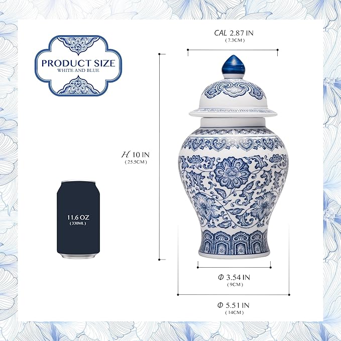 10 Inches Blue and White Ginger Jars with Lid, Small Chinoiserie Porcelain for Home Room Office Decoration, Jingdezhen Art Decor Vase (Unglazed)