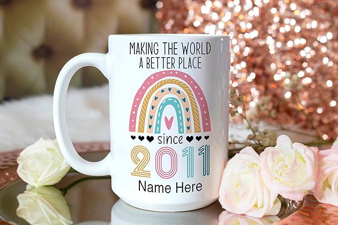 PREZZY Vintage 12nd Birthday Mug Gifts for Women Men Making the World a Better Place Since 2011 Boho Rainbow Turning 12 Years Old Birthday Decorations Personalized Mugs Novelty Coffee Cup 11oz 15oz