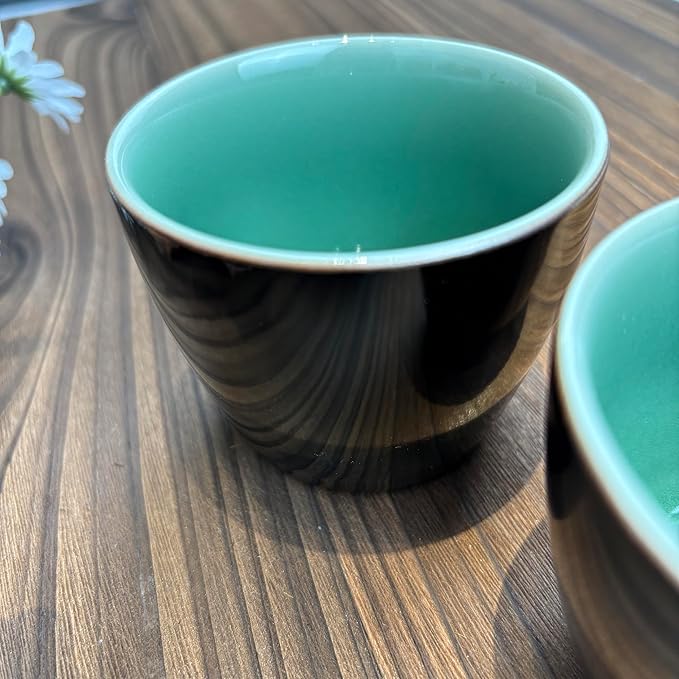 Ceramic Tea Cup, Black Exterior with Green Interior, Glossy Glaze Finish, Handleless Design, for Tea and Coffee