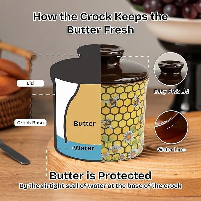 Pottery Butter Keeper Crock - Ceramic Butter Dish with Water Line for Countertop, Keep Butter Fresh-Honey Bee Design