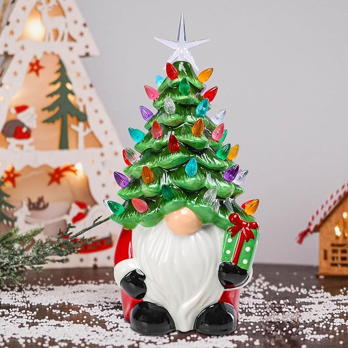 VCUTEKA Small Ceramic Christmas Tree Hand-Painted Vintage Tabletop Christmas Tree Holiday Decoration with Multi-Color Lights Green Gnome 11 inch