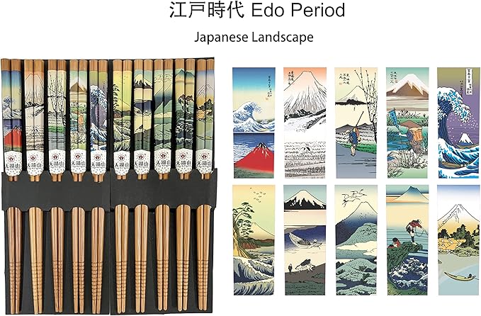 10 Pairs Reusable Bamboo Chopsticks, Edo period Landscape Pattern Natural Bamboo Wood Chopsticks, 8.8Inch/22.5cm Polybag packing by LANHUTHS