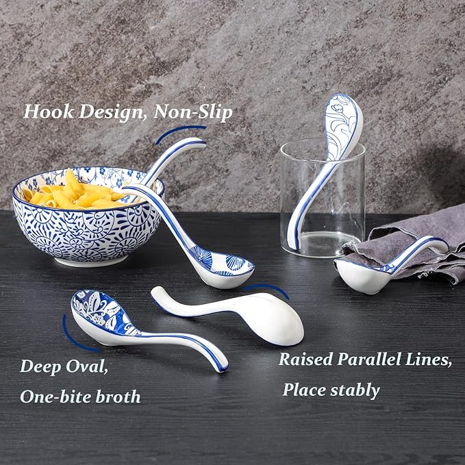 Selamica Ceramic Asian Soup Spoons Set of 6, Ceramic Chinese Soup Spoon, 6.3 Inch Ramen Spoons, Japanese Soup Spoons for Cereal Stews Noodles, Vintage Blue