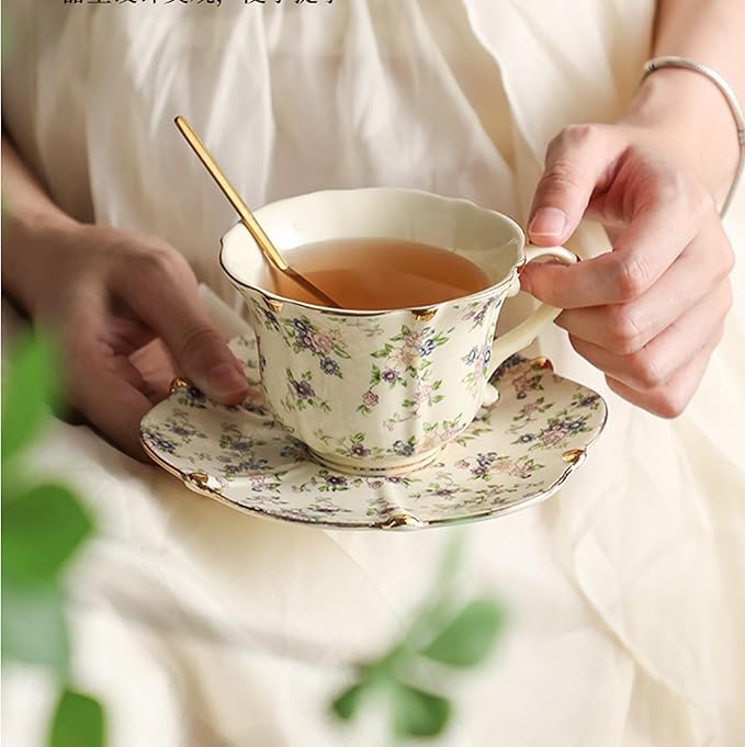 TATSUMI Country Roses 18 Peices Bone China Tea Cup And Saucer Set, English Vintage Tea Cups Of 6 For Women And Tea Party Sets(yellow,6 Sets)