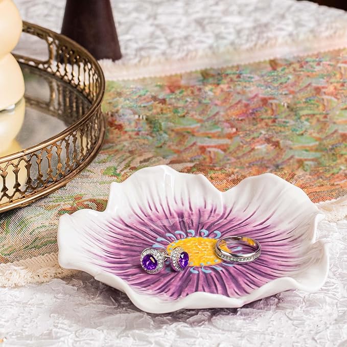 Purple Ring Dish Engagement Gift for Christmas, Flower Jewelry Dish 6.5" x 1.4 inch, Floral Ceramic Jewelry Dish Tray, Vintage Vanity Decorative Plate for Rings, Keys, Trinkets - Purple Flower Xmas