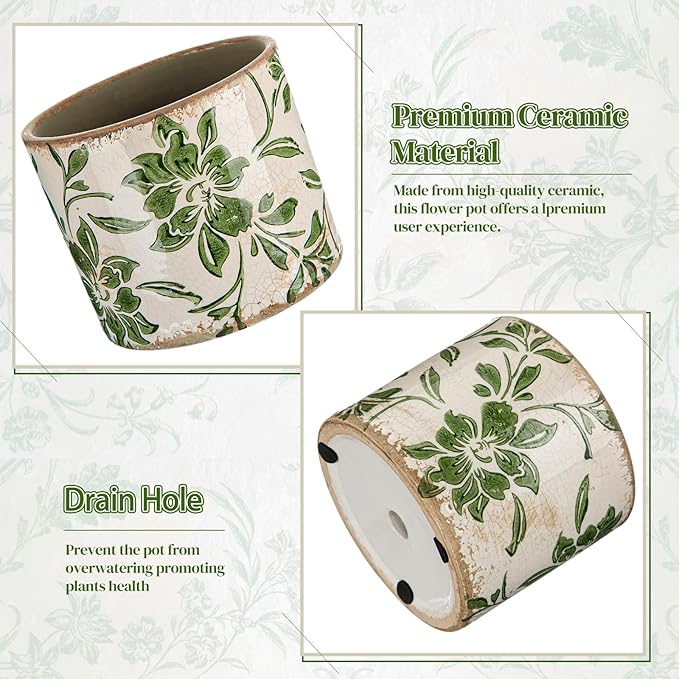 Indoor Ceramic Plant Pots with Drainage Hole 5 Inch Chinese Glaze Ice Crack Flower Pot Vintage Succulent Pots Porcelain Decorative Planter for Plants Herb Home Decor(Green,Leaves Style)