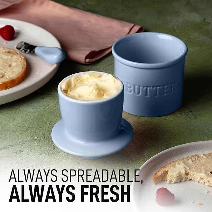 Zulay Kitchen Bell Shaped Butter Crock with Lid for Countertop with Water Line & Spreader Knife, Ceramic French Butter Dish Keeper For Fresh, Soft & Spreadable Butter - Blue-Gray