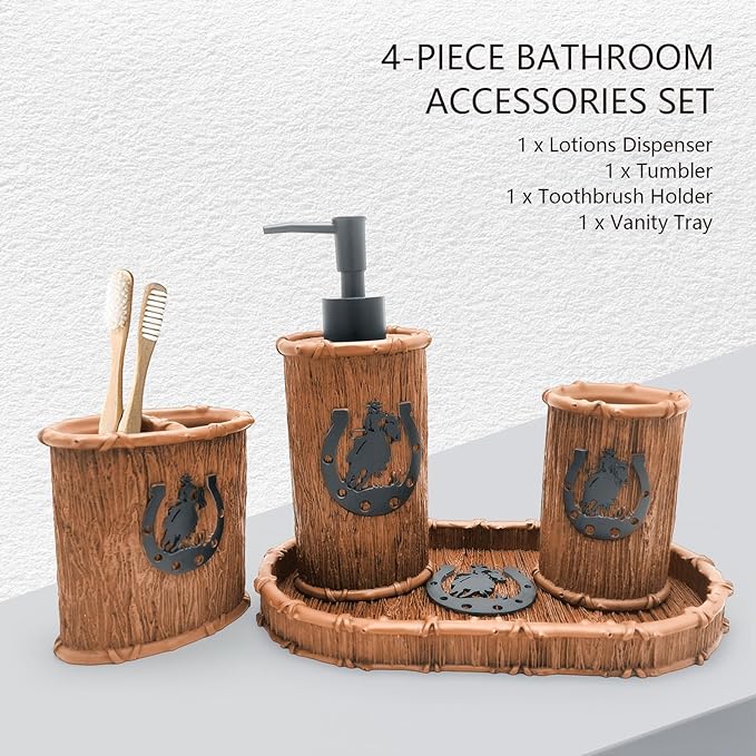 Bathroom Accessory Sets 4PCS Bathroom Accessories Set Complete Western Rustic Horseshoes Decoration Includes Lotion Dispenser Toothbrush Holder Tumbler Cup & Vanity Tray