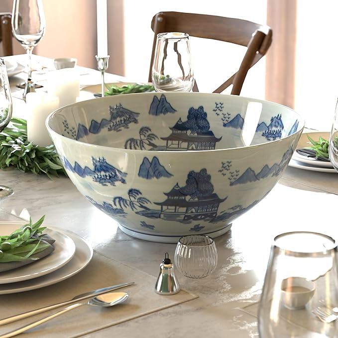Red Lantern 14" Landscape Blue & White Porcelain Bowl Vase for Centerpiece in Kitchen Dining Living Room Bedroom with Boho Eclectic Modern Contemporary Classic Traditional Style Decor