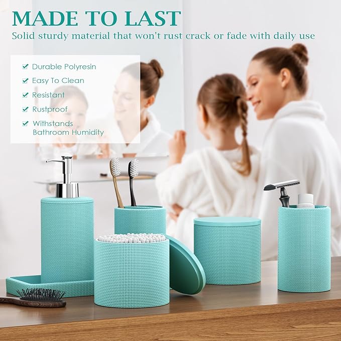 6-Piece Teal Blue Bathroom Set - Mesh Textured Resin Bathroom Accessories Set with Soap Dispenser, Toothbrush Holder, Cup, Vanity Tray & Apothecary Jars for Small Spaces