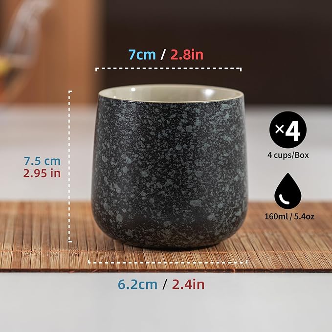 TEANAGOO Japanese Tea Cups Set of 4pcs, 6.9oz/205ml Elegant Ceramic Matcha Cups with Flat Base, Charcoal Black Handleless Coffee Mugs, Microwave & Dishwasher Safe, Beautiful Gift Box