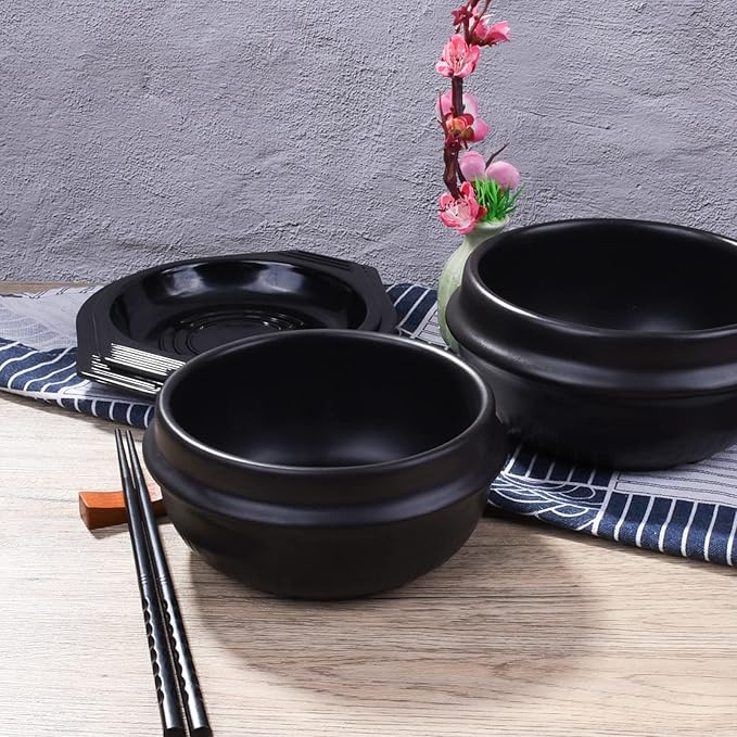 Korean Stone Bowl with Tray, Premium Ceramic Hot Pot for Bibimbap Soup, 27oz Small