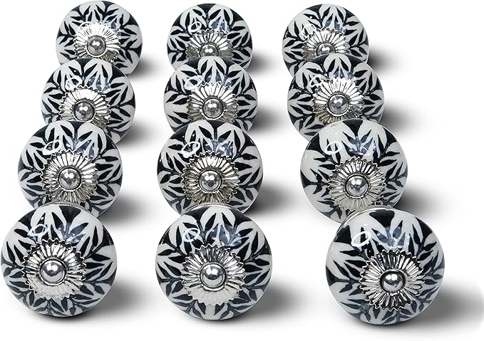 Mela Artisans 12-Pack Ceramic Kitchen Cabinet Knobs - Black & White Daffodil | Decorative Pull Handles for Dresser Drawers | Reversible Metal Backplate | 1.77” Diameter