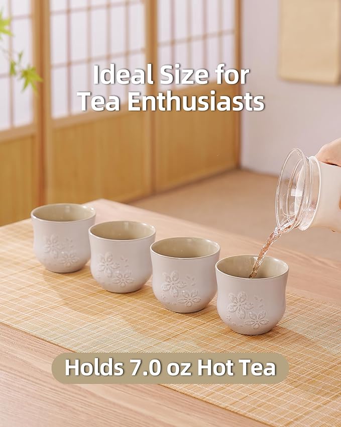 ZENS Japanese Tea Cups Set of 4 – 210ML Embossed Porcelain Japan Tea Cups, Handleless, Traditional Japanese Style for Gongfu Tea, Matcha – Off White