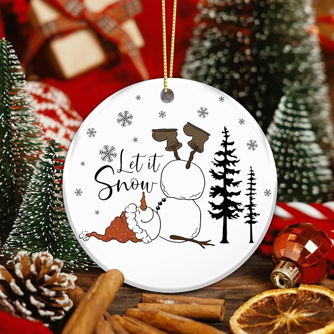 Funny Snowman Ornament 2025, Let It Snow Ornament – Gift for Family and Friends – Cute Fallen Snowman with Santa Hat and Boots – Humorous Holiday Decoration, Winter Tree Ceramic Gift