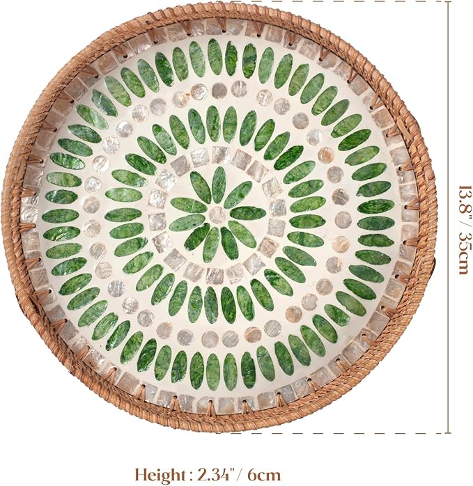 YANGQIHOME Round Serving Tray with Decorative Mother of Pearl Inlay, Wicker Tray for Home Decor, Table Decor, Gifts, Dining, Woven Tray for Food, Fruit, Coffee, 13.8 inch