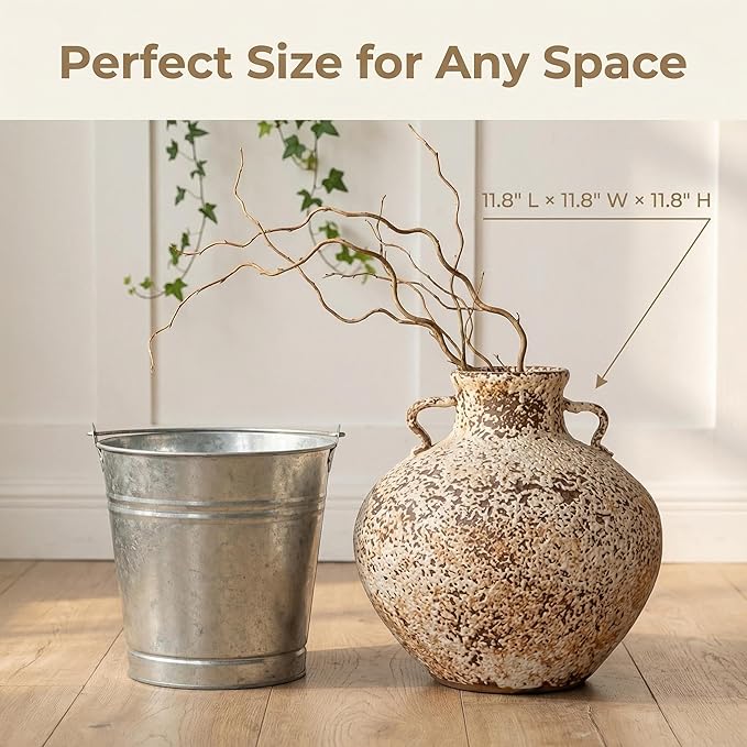 Ceramic Rustic Farmhouse Vase,Extra Large Terra Cotta Vase, Huge Pottery Decorative Flower Vases for Living Room Entryway Table Centerpiece Decor(11.8'' X 11.8'' x 11.8'')