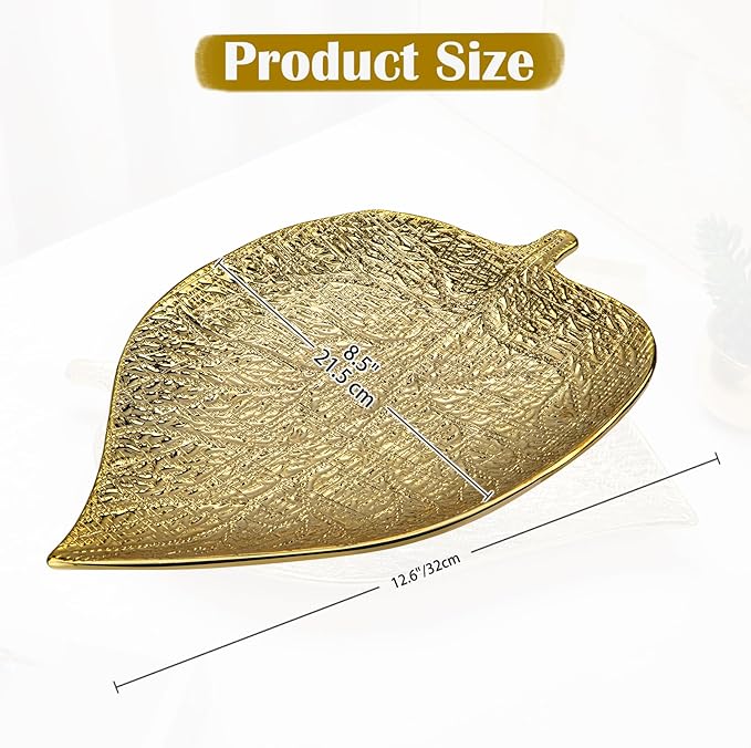 Oversized Leaf-Shaped Ceramic Jewelry Tray, 12.6" Large Decorative Tray Gold Vanity Trays for Rings, Necklaces, Keys, Gifts for Mom, Coffee Table Decor, Entryway Table Trays, 1 Pack