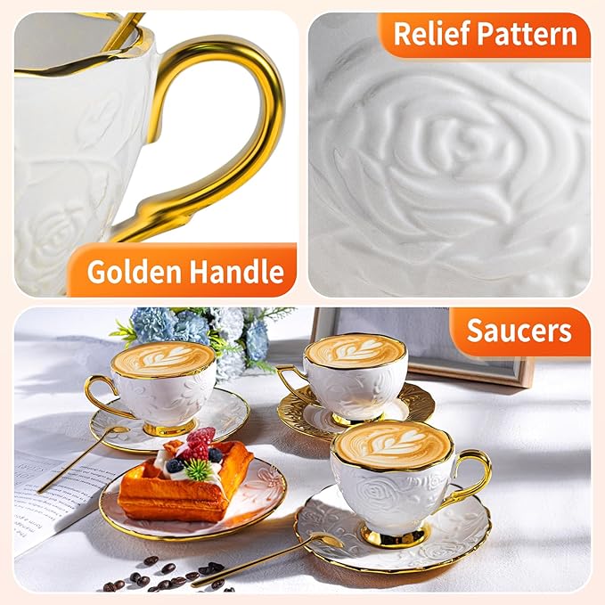 Cappuccino Cups with Saucers Set of 6, 7 OZ Ceramic Coffee Cup Set, Double Espresso Cups with Gold Trim Raised Floral Motif Tea Cup and Saucer Set for Latte, Cafe, Valentine's Day Gifts