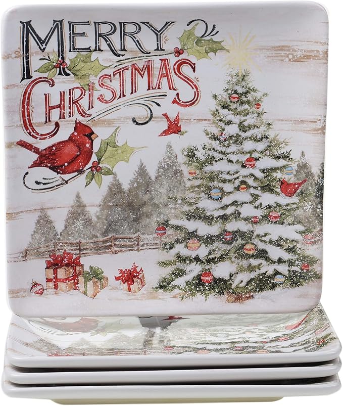 Evergreen Christmas 16-Piece Dinnerware Set – Ceramic Holiday Plates, Bowls & Mugs with Cardinal & Script Design – Service for 4 – Festive Dining for Christmas Gatherings