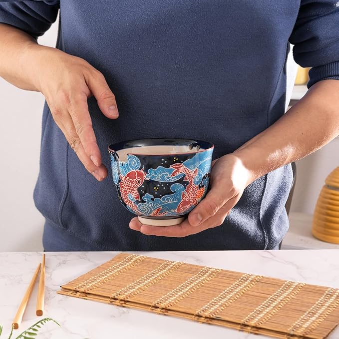 Urban Tokyo Handpainted Ceramic Glazed Japanese Ramen Udon Noodle Rice Bowl With Chopsticks 20 fl oz 5 inch Diameter Bowl Sets Color Box Packaging (Japanese Koi Fish)