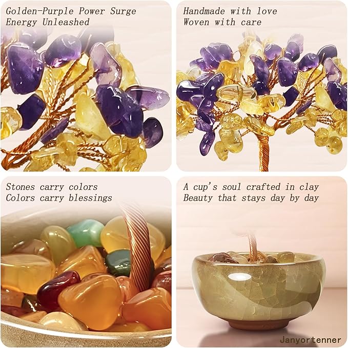 Amethyst Citrine Crystal Tree,Dual Color Art Decor with Copper Wire Sculpture in Crackle Base,Imagination Gift