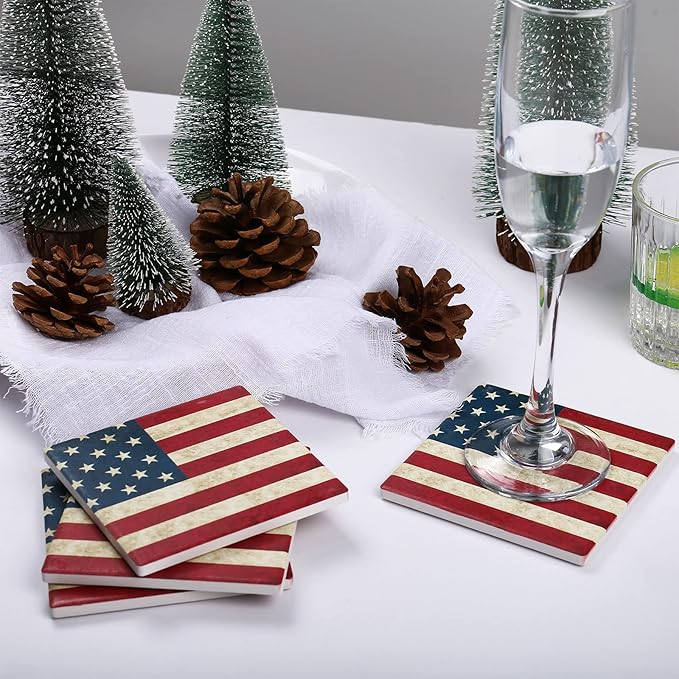 wonlex Ceramic Coasters Absorbent for Drinks, Patriotic Coaster with Cork Base for Coffee Table, Housewarming Gift for Women and Men, Home Decor, 4 Pack (USA Flag)