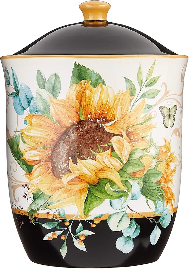 Sunflower Fields 3-Piece Ceramic Canister Set with Airtight Lids – Decorative Floral Storage Jars for Kitchen Counter, Pantry, Coffee, Sugar, Flour, and More – 52 oz, 74 oz, 96 oz