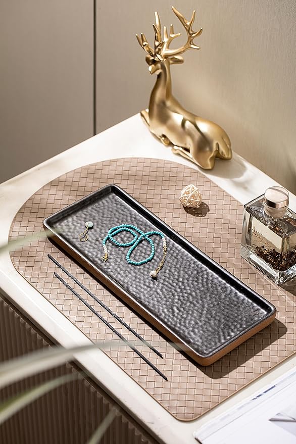 Vanity Tray with Brown Trim, Candle Tray, Bathroom Countertop Perfume Holder Organizer, Decorative for Dresser, Table, Countertop, Home décor, Rectangular, Black, 12''×4.7''