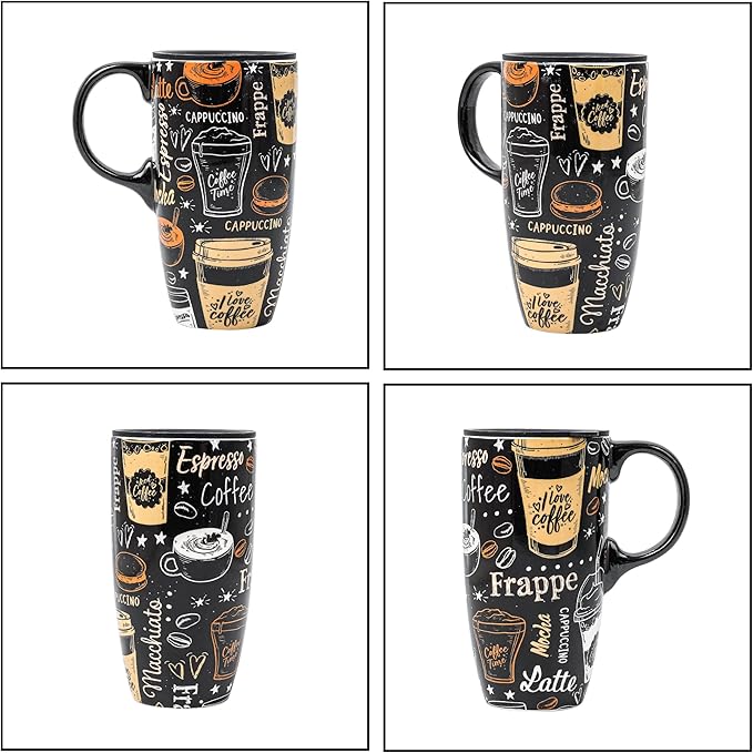 DUSVALLY Ceramic Coffee Mug, Travel Tea Mug for Car Cup Holder, Tall Tea Cup with Handle for Office and Home, Unique Gifts for Women and Man, 17 oz, Frappe