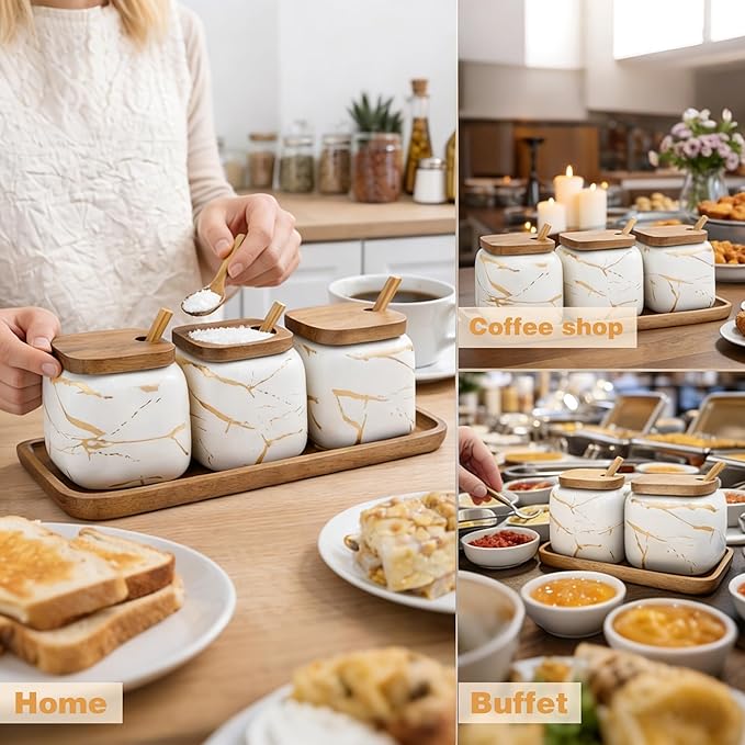 3 Pcs Sugar Bowls Ceramic Coffee Jar Set Ceramic Seasoning Jar with Lid Spoon and Tray/Food Storage Canister