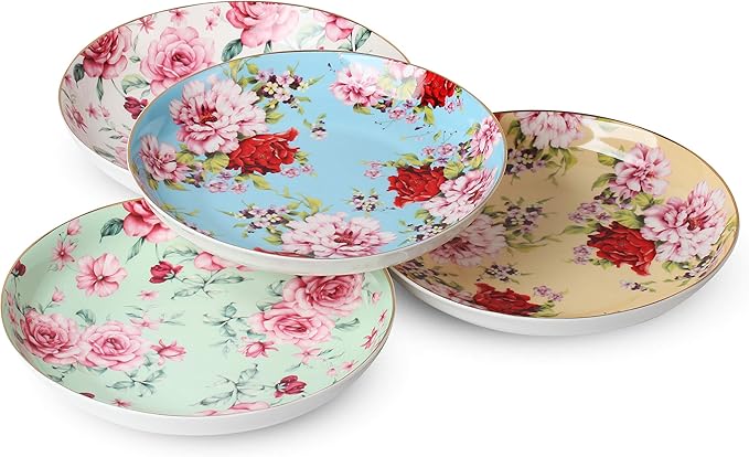 BTaT- Floral Dessert Plates Ceramic, Set of 4, 8 Inch, Assorted Colors with Golden Rim, Deep Porcelain Floral Plates Set of 4, Dishwasher Safe