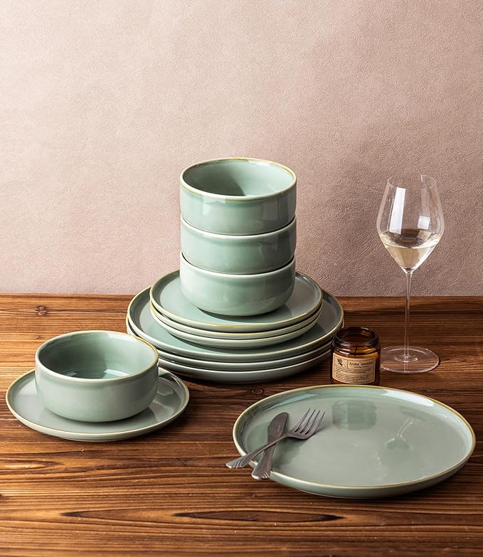 TheTerra Ceramic Dinnerware Sets for 4, 12 Pieces Handmade Reactive Glaze Plates and Bowls Set, Scratch Resistant Dish Set, Oven & Microwave & Dishwasher Safe, Eucalyptus