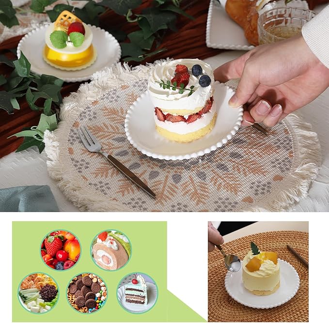 TAMAYKIM 5.5 Inch Porcelain Dessert Plates, Appetizer Plates, Round Small Dinnerware Sets, Scratch Resistant, Microwave, Oven, and Dishwasher Safe, White with Pearl Dots, Set of 12