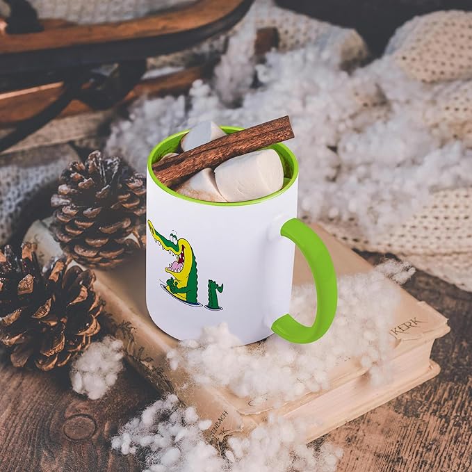 3dRose Silly Alligator Crocodile Cartoon Character 15oz Two-Tone Green Mug