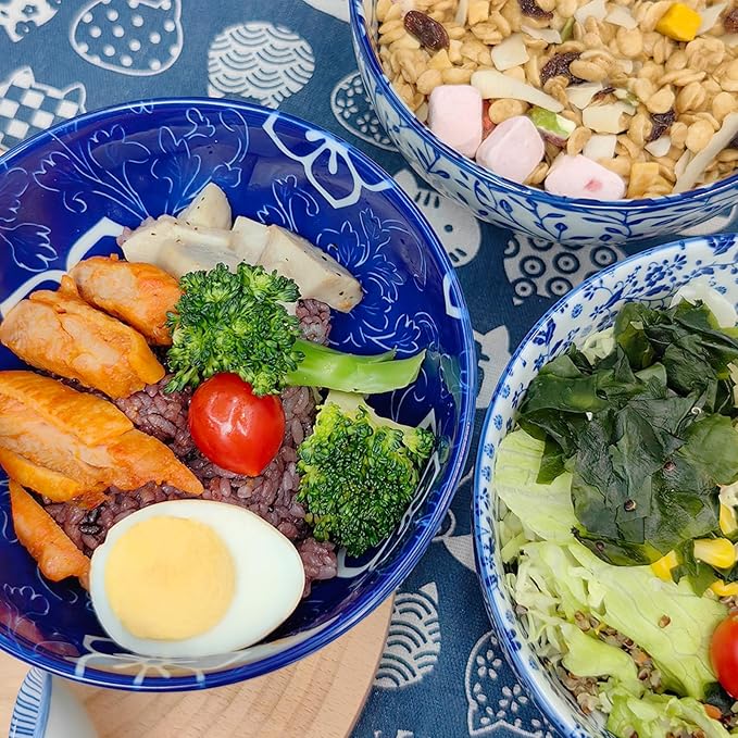 Japanese Ceramic Bowls Set of 6, 28 Oz Large Asian Porcelain Ramen Soup Salad Cereal Noodle Bowl with 6 Spoons, Deep Bowl for Kitchen Decor and Housewarming Gift, Dishwasher & Microwave Safe
