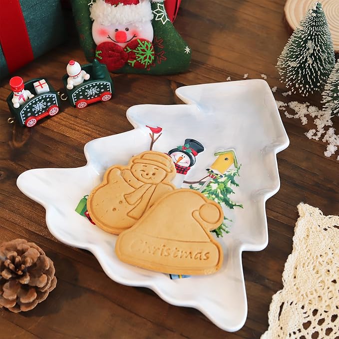 Joeyan Christmas Ceramic Dinner Plates,8.3" Xmas Tree Shaped Serving Plate Dishes with Festive Holiday Snowman Patterns,Dinnerware for Dessert Salad Appetizer,Microwave and Dishwasher Safe