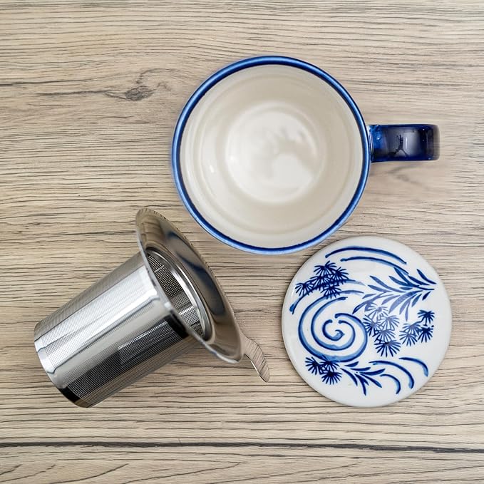 Urban Tokyo Tea Mug With Lid and Stainless Steel Infuser For Loose Leaf Tea Bag Tea Cup 15oz Porcelain Hot Beverage Everyday Use Home Office (Koi Fish)