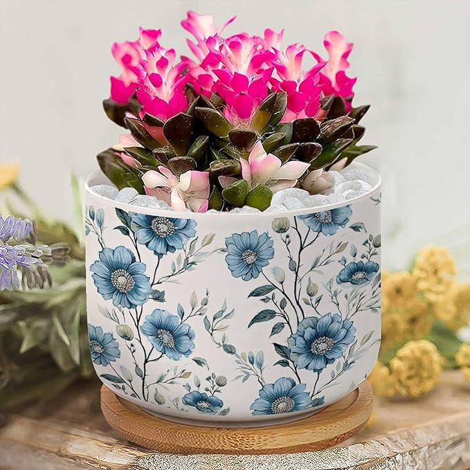 Set of 3 Chinoiserie Blue Floral Small Pot for Flowers Mughal Flower Ceramics Planter with Drainage Bamboo Trays Chinoiserie Chic Pots for Succulents Indoor Birthday Gift for Mom Women