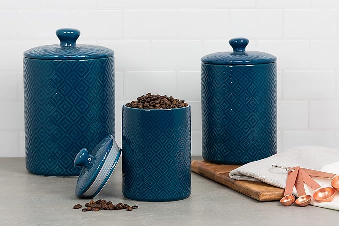 10 Strawberry Street Diamond Embossed Kitchen Canister Set, Set of 3, Diamond Blue