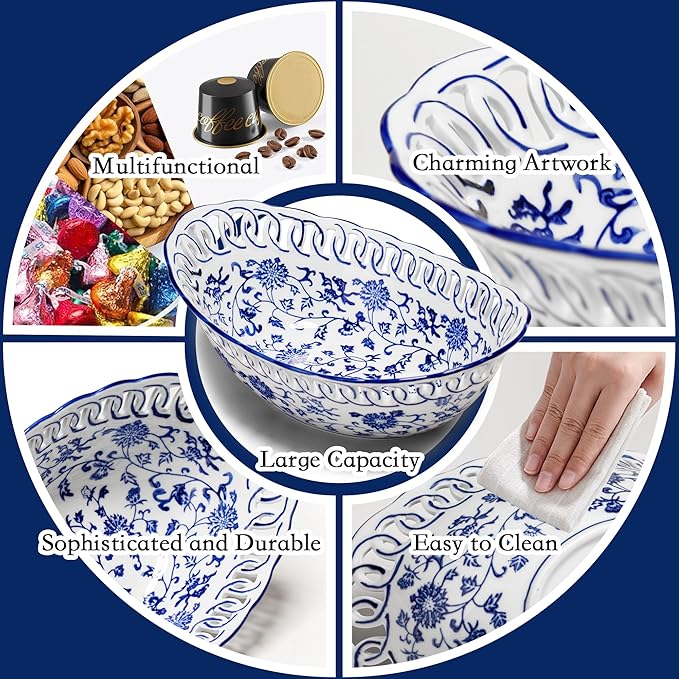 12" Extra Large Blue and White Porcelain Fruit Bowl for Kitchen Counter or Home Decor, Fruit & Vegetable Holder, Large Ceramic Fruit Bowl for Home Decorative Centerpiece
