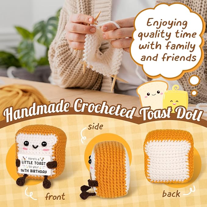 Glydein 16th Birthday Gifts for Girls Boys, Cute Handmade Crochet Toast Decors with 16th Bday Card, Unique Birthday Gifts for Teens 16, Gift for Son Daughter Grandchildren from Mom Dad Aunt Uncle