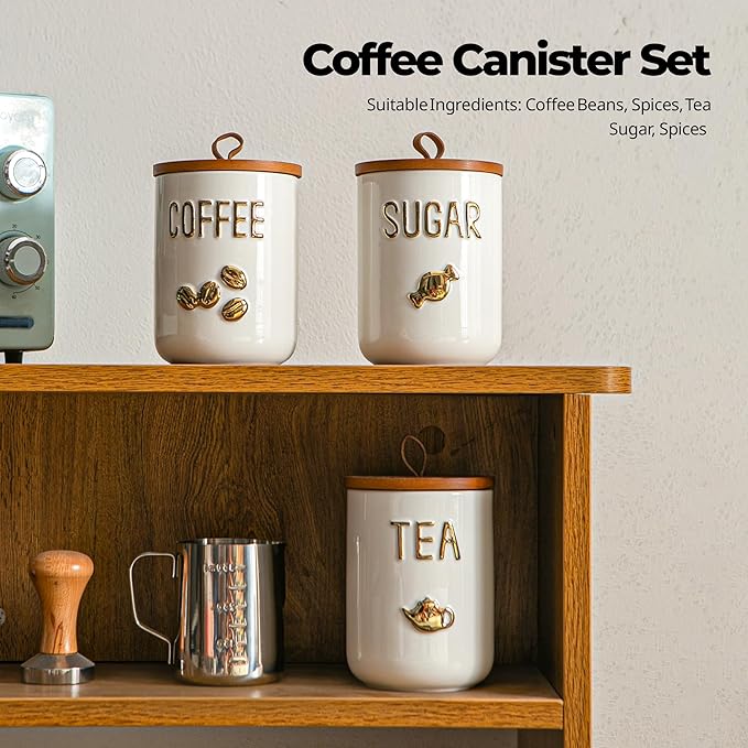 White Ceramic Canister Set for Coffee Tea Sugar, 3-Piece Food Storage Jars with Wood Airtight Lids, Decorative Small Container for Kitchen Pantry Counter - 25oz