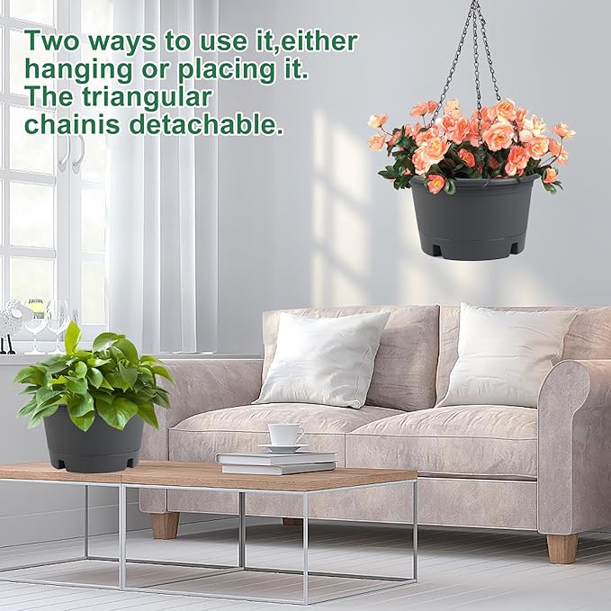 10 inch Hanging Planters, 4 Pack Hanging Baskets for Plants with Removable Trays & 15.7" Chain, Round Plastic Hanging Flower Pots for Home Garden Porch Balcony Patio Decor (Grey)