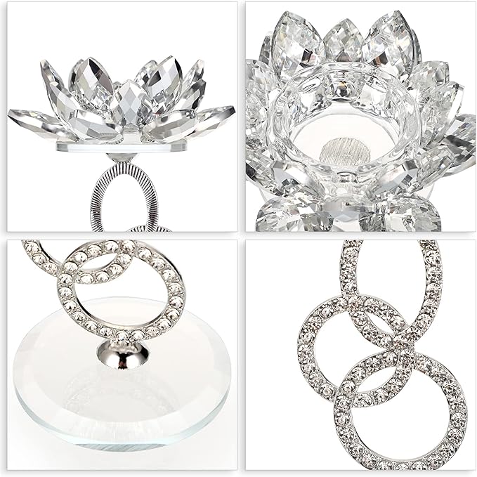 OwnMy Set of 2 Crystal Lotus Flower Candle Holders Metal Glass Lotus Pillar Candlestick Holders, Silver Crystal Lotus Tealight Candlesticks Votive Candle Stands for Wedding Table Centerpiece, 7.5" H