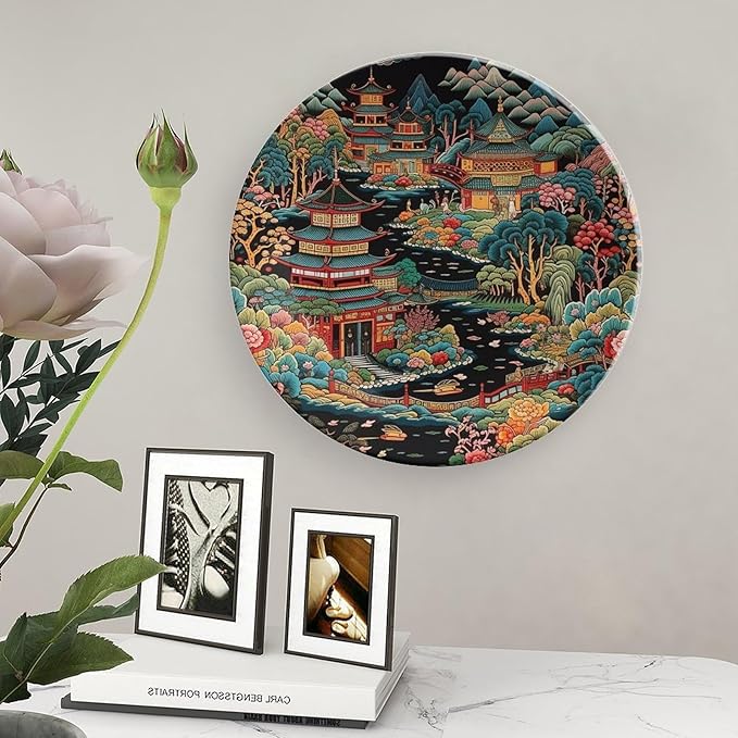 Chinoiserie Charcoal Coral Pagoda Asian China Plates, Asian Scenic Chic Chinoiserie Pagoda Custom Bone China Decorative Plate for Wedding Festival Home Decor, with Display Stand Art Decor for Table