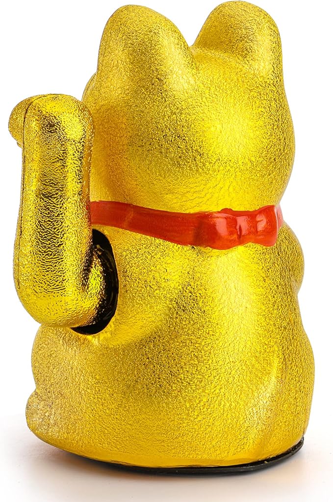 Elsjoy 2 Pack Lucky Cat Beckoning Maneki Neko with Waving Arm, 7 Inch Gold Waving Cat Ceramic Beckoning Cat Ornament for Business, Gift, Home Decor (Battery Not Included)