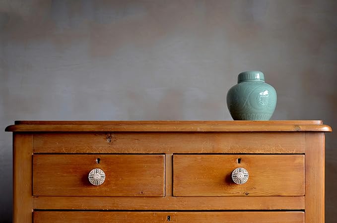 Mela Artisans 12-Pack Ceramic Kitchen Cabinet Knobs - Grey & White Leaf | Decorative Pull Handles for Dresser Drawers | Reversible Metal Backplate | 1.77” Diameter