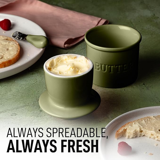 Zulay Kitchen Bell Shaped Butter Crock with Lid for Countertop with Water Line & Spreader Knife, Ceramic French Butter Dish Keeper For Fresh, Soft & Spreadable Butter - Cypress Green
