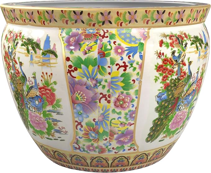 Red Lantern 18" Satsuma Birds & Flowers Porcelain Fishbowl